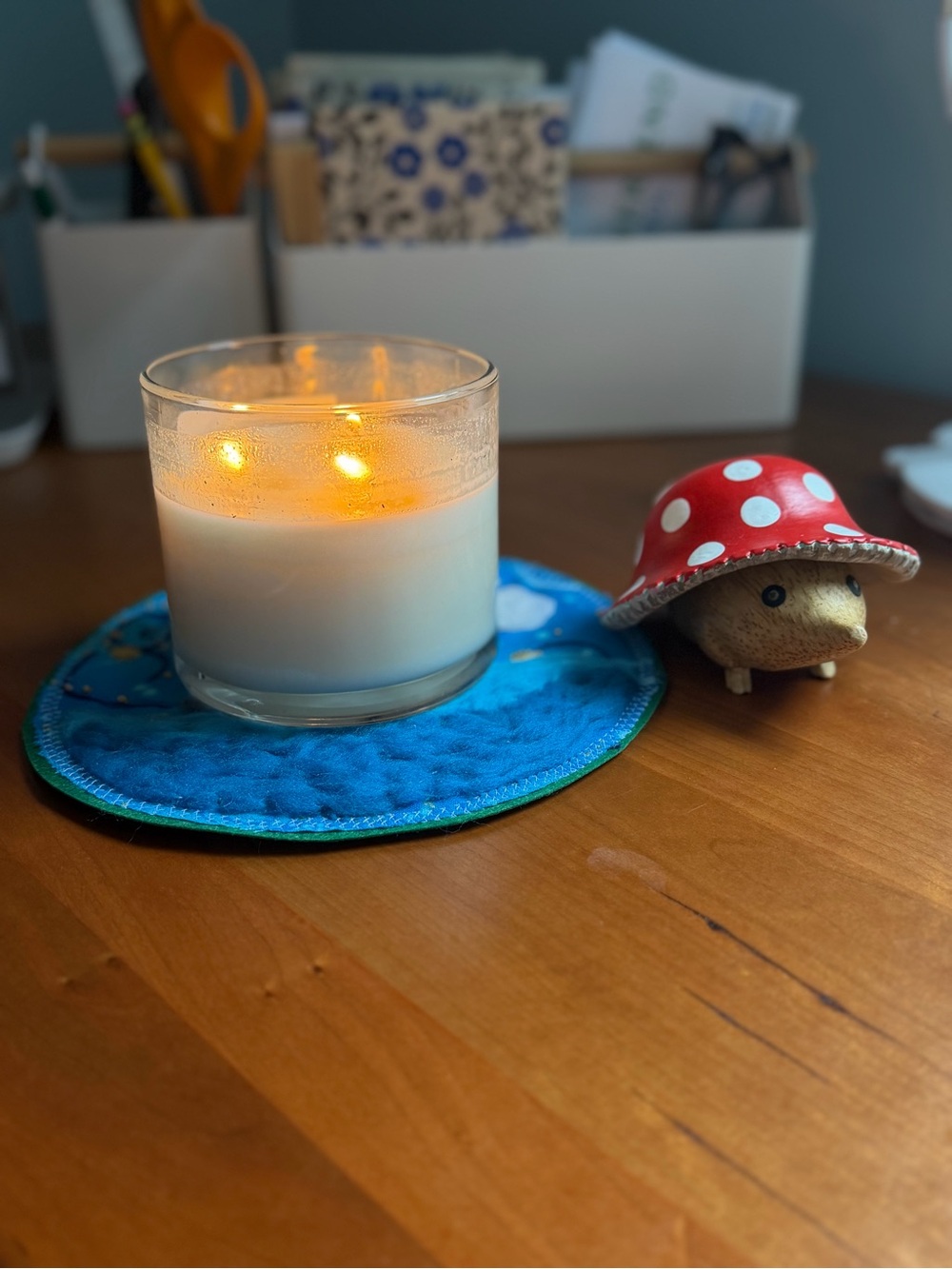 Hand-Embroidered Blue Candle Mat